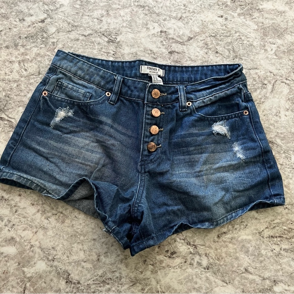 Forever 21 blue jeans, shorts button size 27 summer distressed dark wash